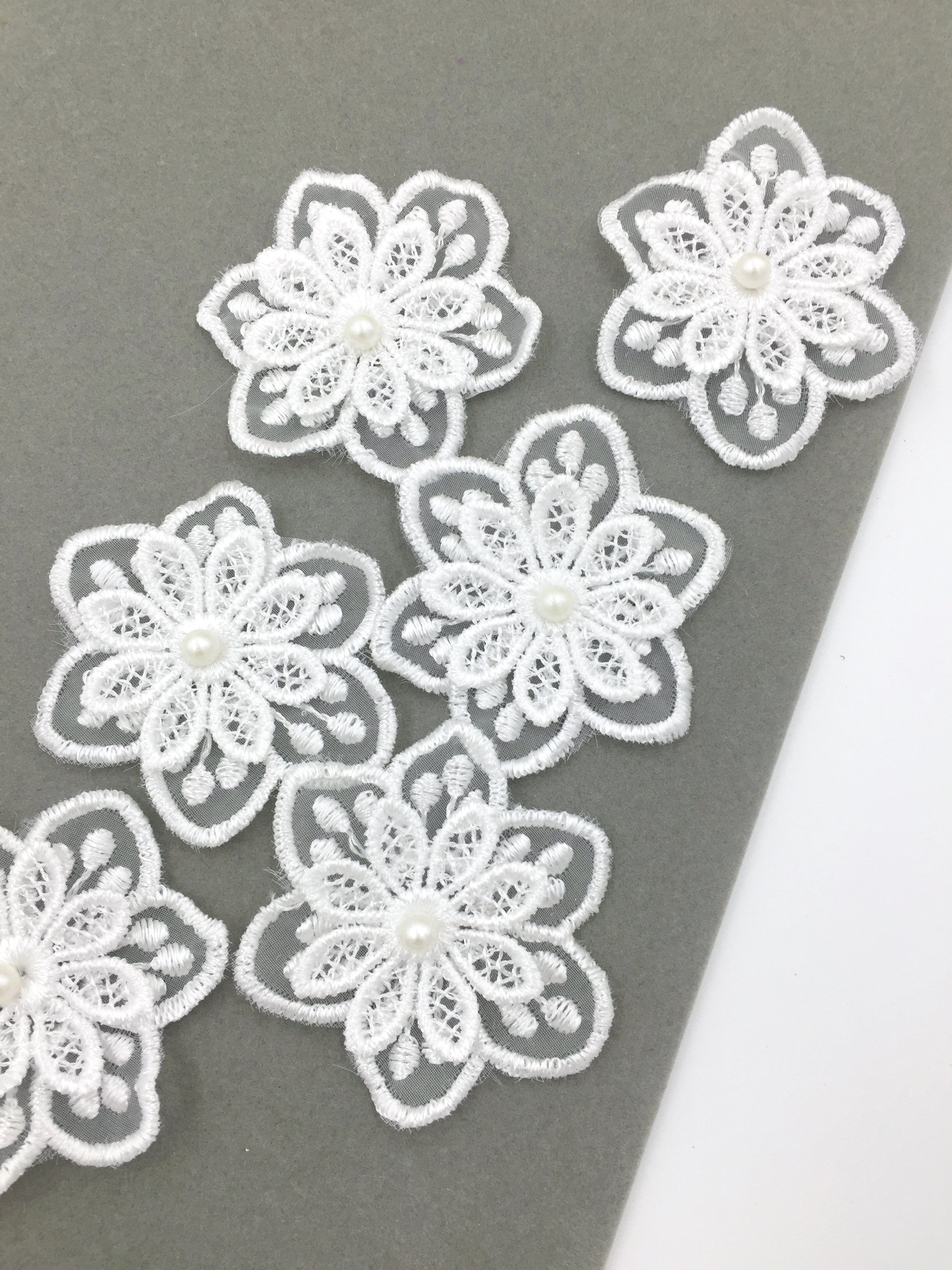 6 x White Embroidered Lace Flower Patches, 55mm