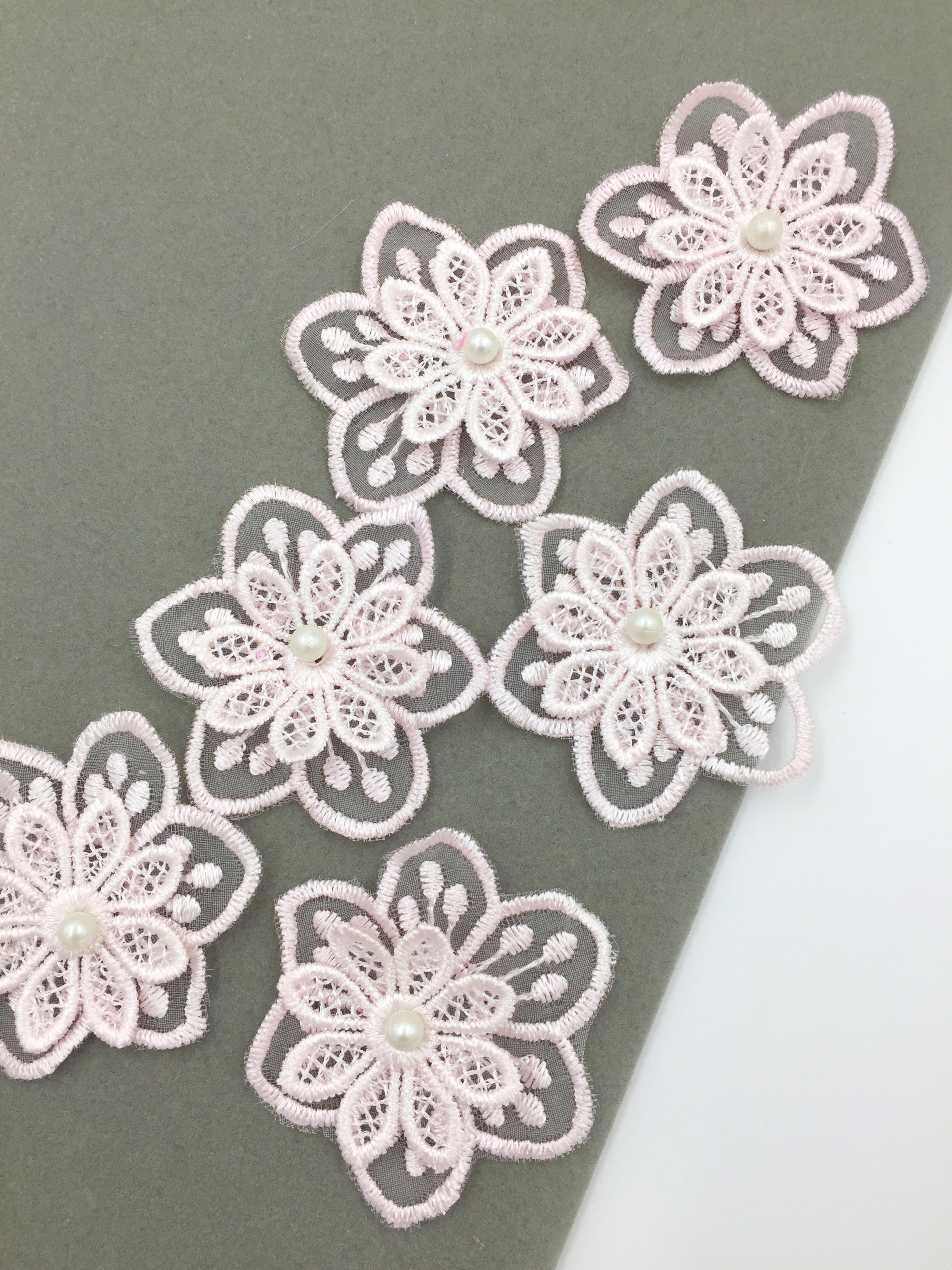 6 x Light Pink Embroidered Lace Flower Patches, 55mm