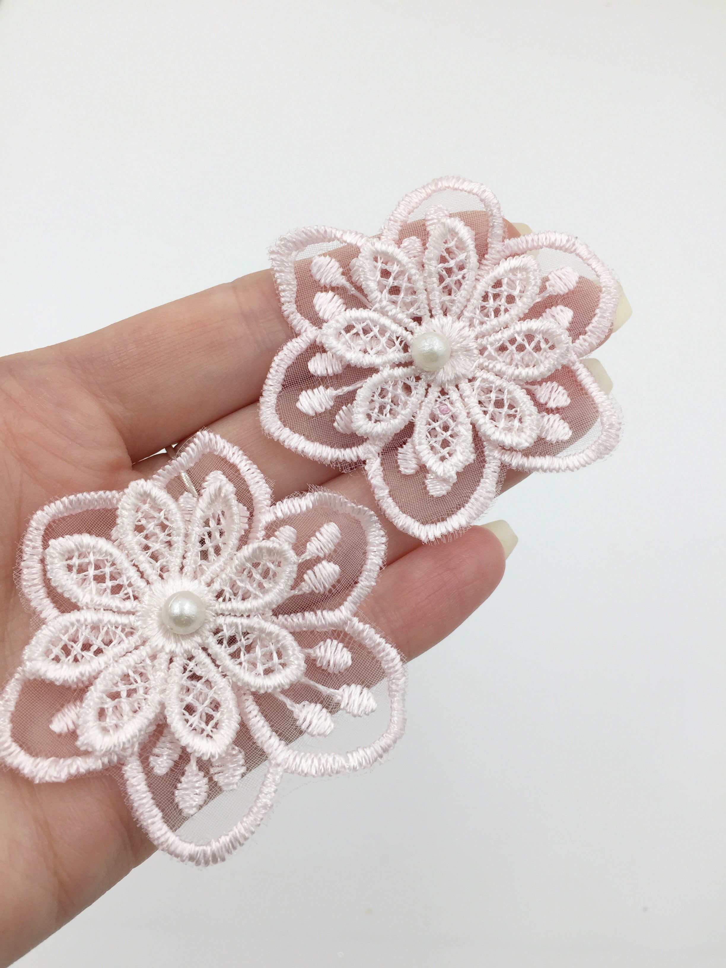6 x Light Pink Embroidered Lace Flower Patches, 55mm