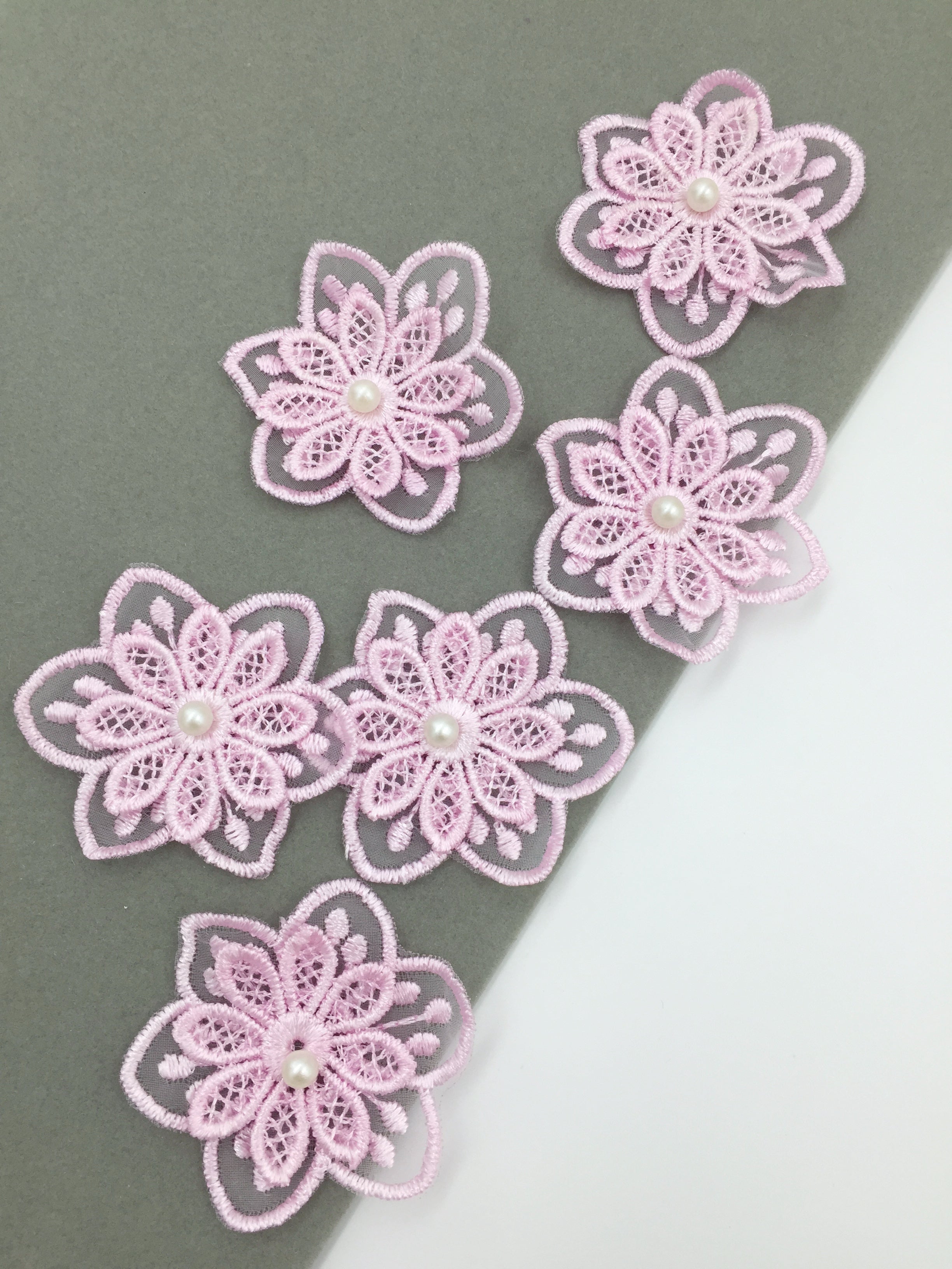 6 x Pink Embroidered lace Flower Patches, 55mm