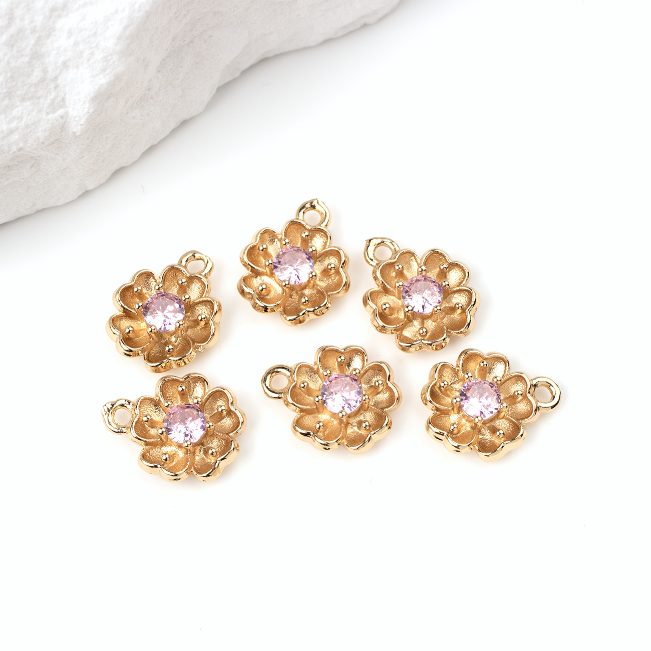 2 x 18K Gold Plated Flower Charms with Pink Cubic Zirconia, 14x11mm