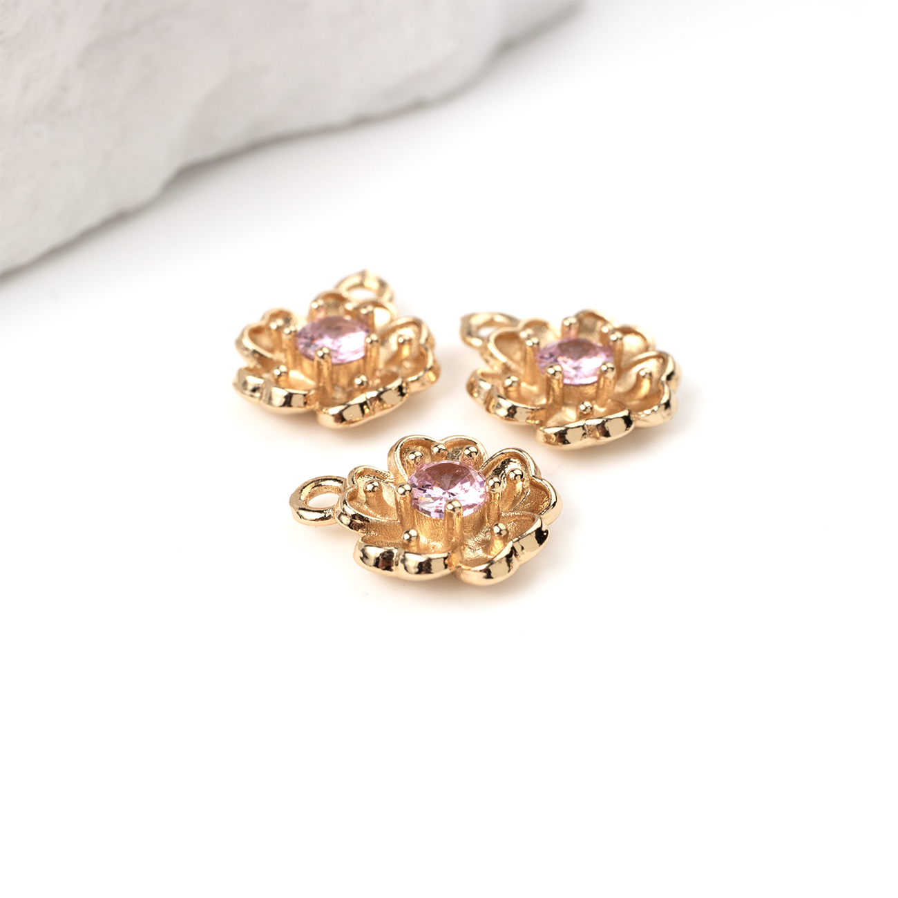 2 x 18K Gold Plated Flower Charms with Pink Cubic Zirconia, 14x11mm