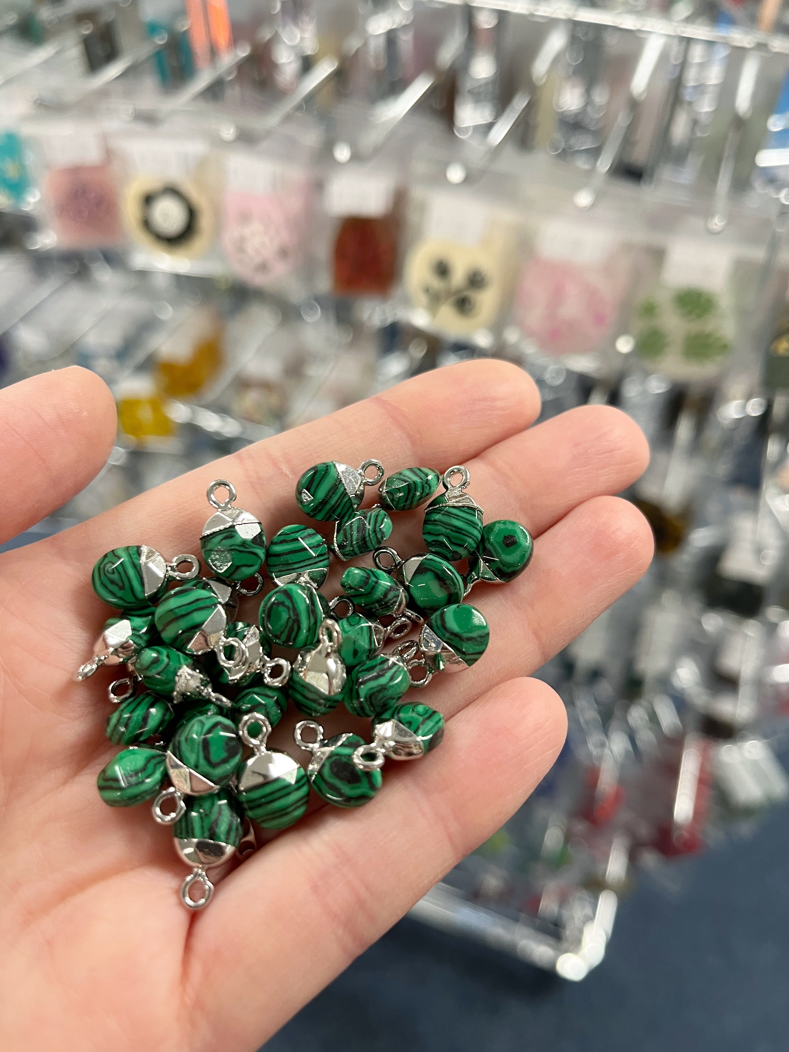 1 x Rhodium Plated Malachite Gemstone Charm, 14x8mm