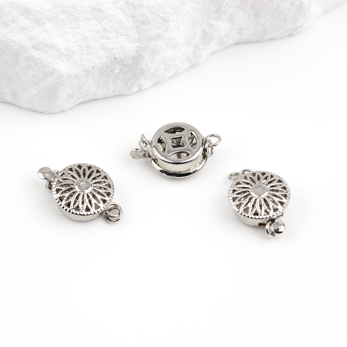 4 x Rhodium Plated Flower Box Clasps, 11mm