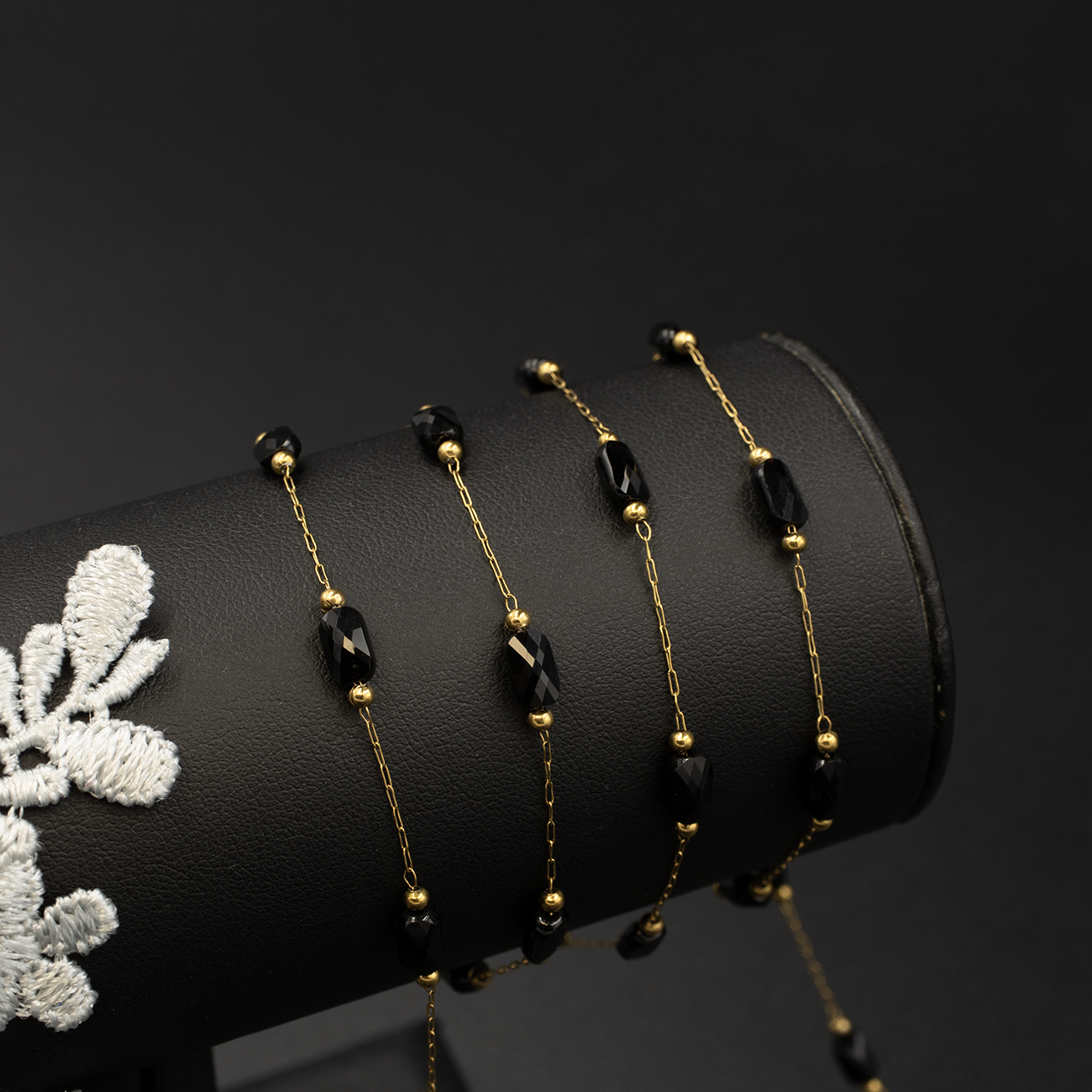 Black Crystal Beaded Gold Chain