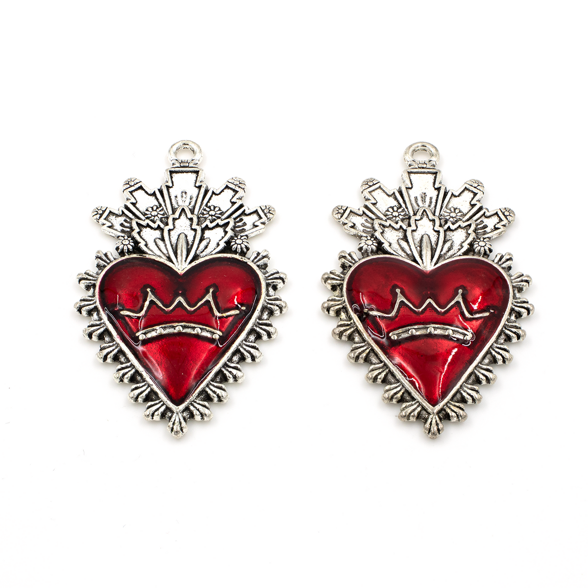 2 x Antique Silver Sacred Heart Pendants, 46x27mm