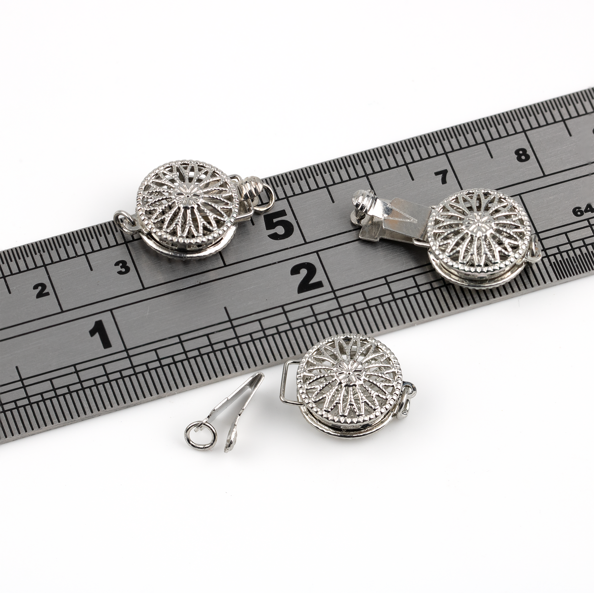 4 x Rhodium Plated Flower Box Clasps, 11mm