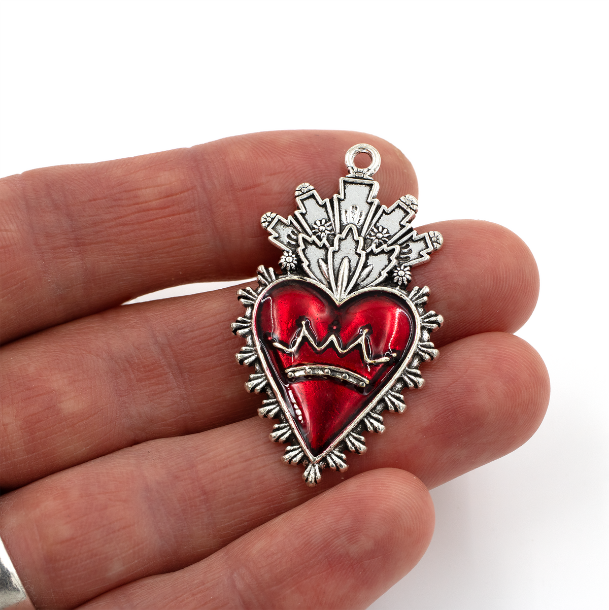2 x Antique Silver Sacred Heart Pendants, 46x27mm