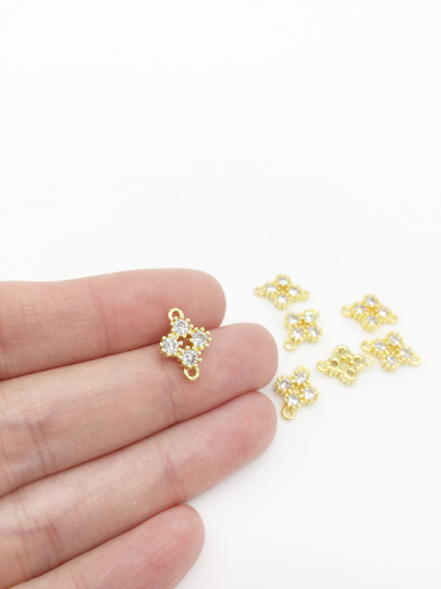 2 x 18K Gold Plated Brass Cubic Zirconia Quatrefoil Floral Jewellery Connectors (2696)