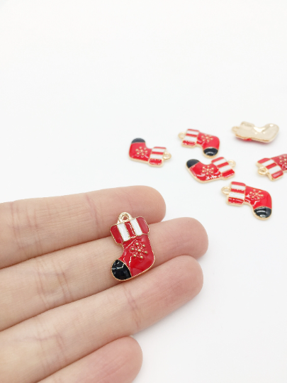 4 x Enamelled Gold Santa's Boot Charms, 20x15mm (2753)