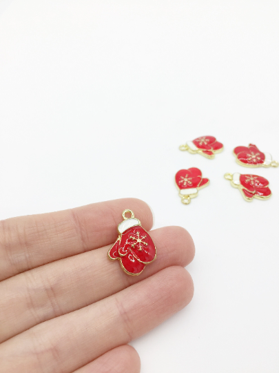 4 x Gold Red Enamel Santa's Mittens Charms, 21x15mm (2758)