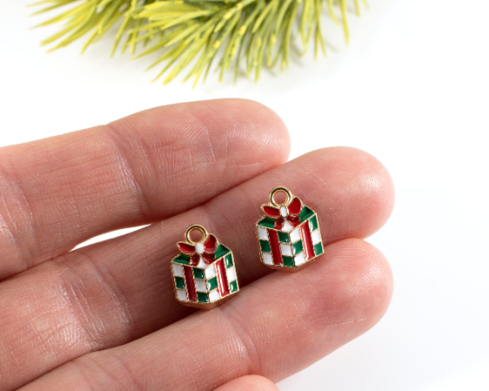 4 x Enamelled Christmas Present Charms in Gold, 14x10mm