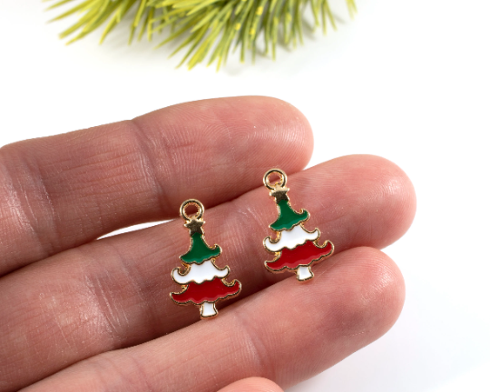 6 x Enamelled Christmas Tree Charms, 20x11mm