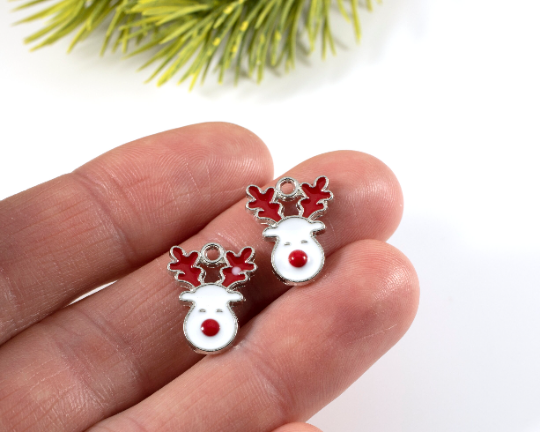 6 x Enamel Coated Silver Reindeer Charms, Christmas Rudolph Charms, 17x12mm (2898)