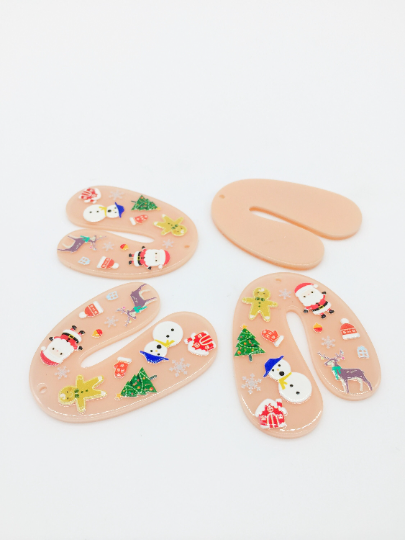 2 x Large Acrylic Arch Shaped Pendants with Christmas Pattern, 45x35mm (2905)