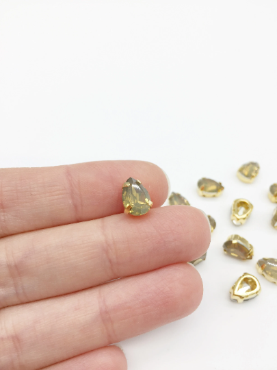 12 x 7x10mm Teardrop Coffee Opal Rhinestones, Sew-on Gold Base (3622)