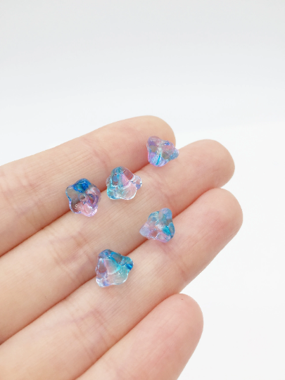 12 x Tiny Blue and Pink Yellow AB Glass Trumpet Flower Beads, 8.5x5.5mm