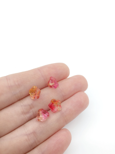 14 x Tiny Pink and Yellow Glass Trumpet Flower Beads, 8.5x5.5mm