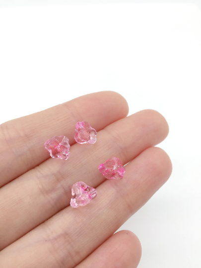 12 x Tiny Pink Glass Trumpet Flower Beads, 8.5x5.5mm