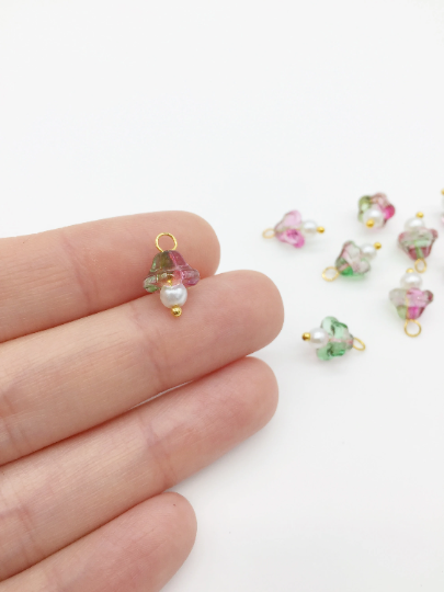 10 x Tourmaline Glass Trumpet Flower Charms with Pearl, 14x9mm (3754)
