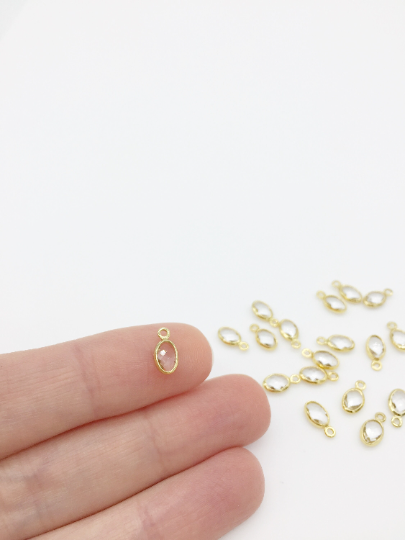2 x 18K Gold Plated Tiny Clear Glass Oval Charms, 9x5mm