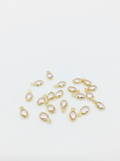2 x 18K Gold Plated Tiny Light Pink Glass Oval Charms, 9x5mm