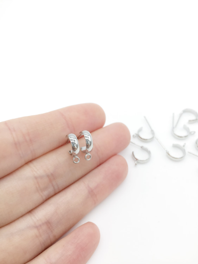 1 pair x Rhodium Plated Brass Hoop Earring Studs, 17x12mm (0296)