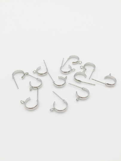 1 pair x Rhodium Plated Brass Hoop Earring Studs, 17x12mm (0296)