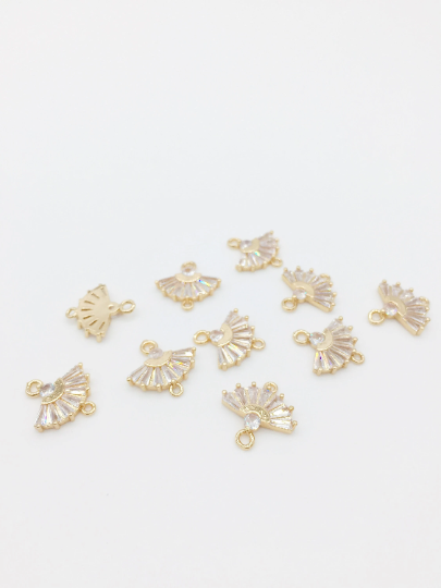 2 x 24K Gold Plated Cubic Zirconia Fan Shaped Jewellery Links, 15x15mm (0306)