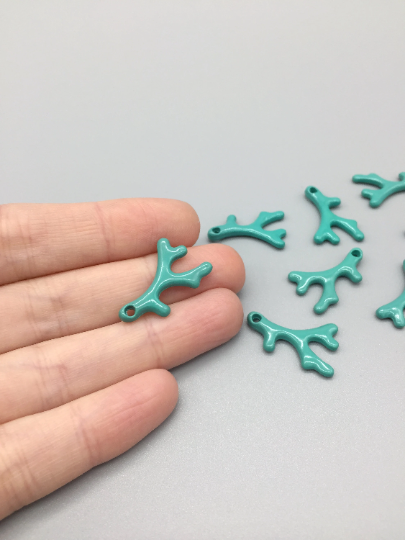4 x Turquoise Enamel Coated Solid Metal Coral Pendants, 25x15mm
