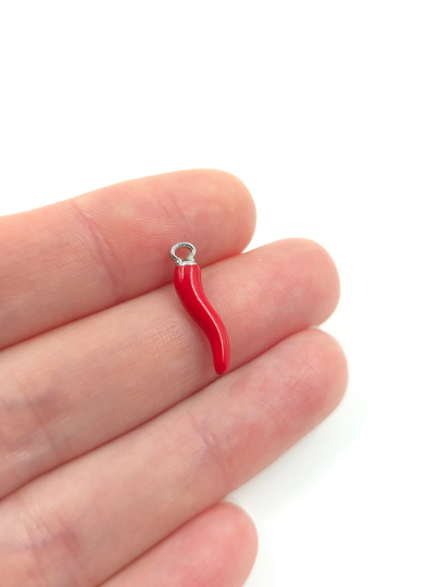 4 x Red Chilli Pepper Charms with Silver Loops, 18.5x5mm