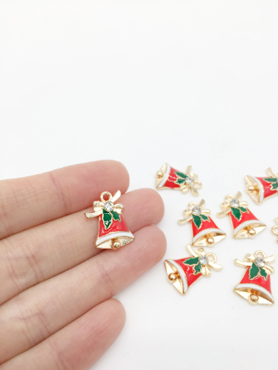 4 x Enamelled Christmas Bell Charms in Gold, 18x13mm (2914)