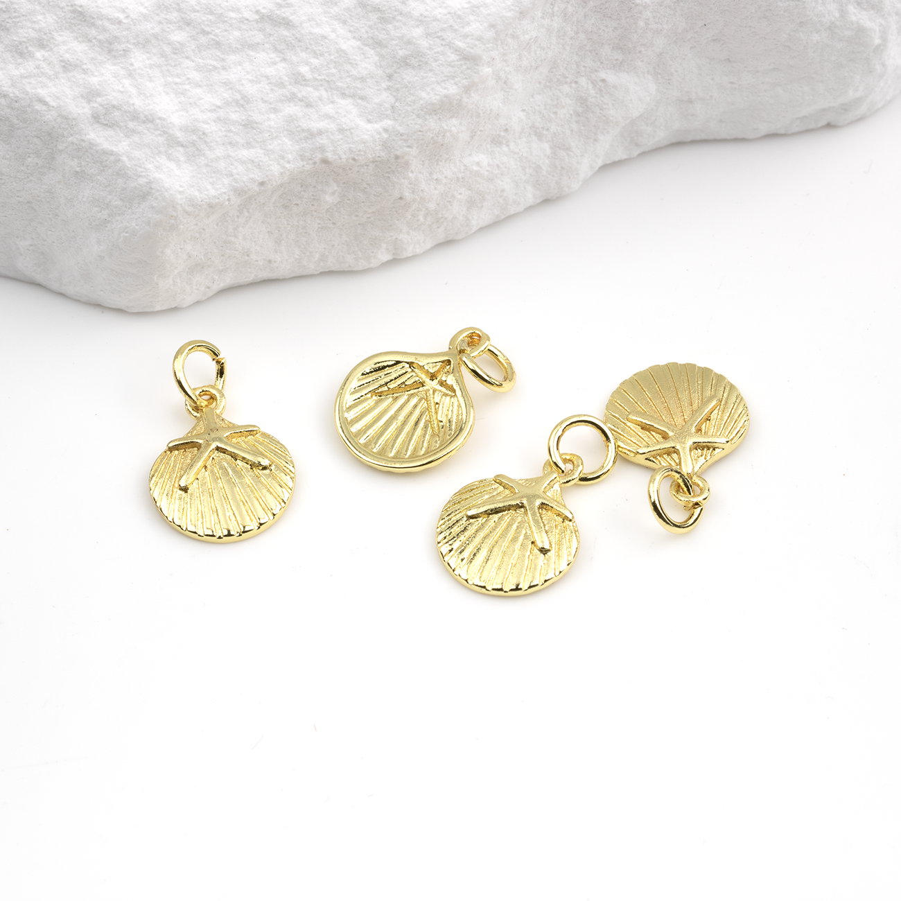 2 x 18K Gold Plated Brass Scallop Shell Charms, 13.5x10.5mm