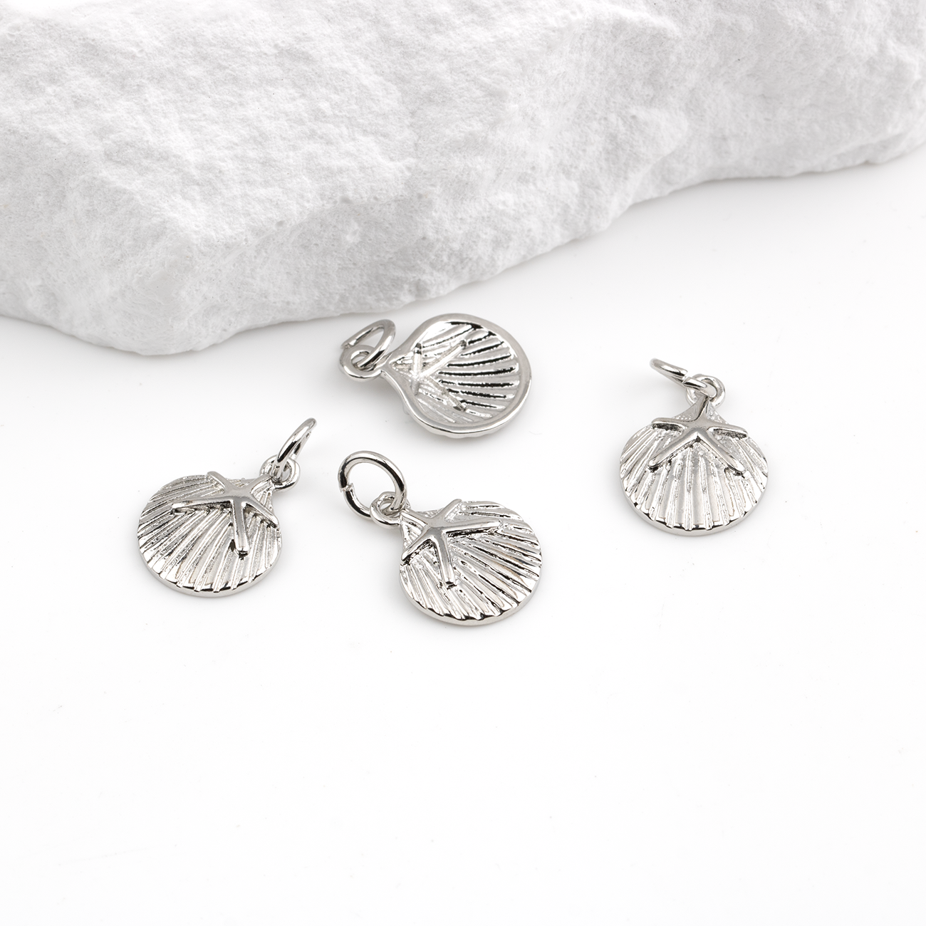 2 x Platinum Plated Brass Scallop Shell Charms, 13.5x10.5mm