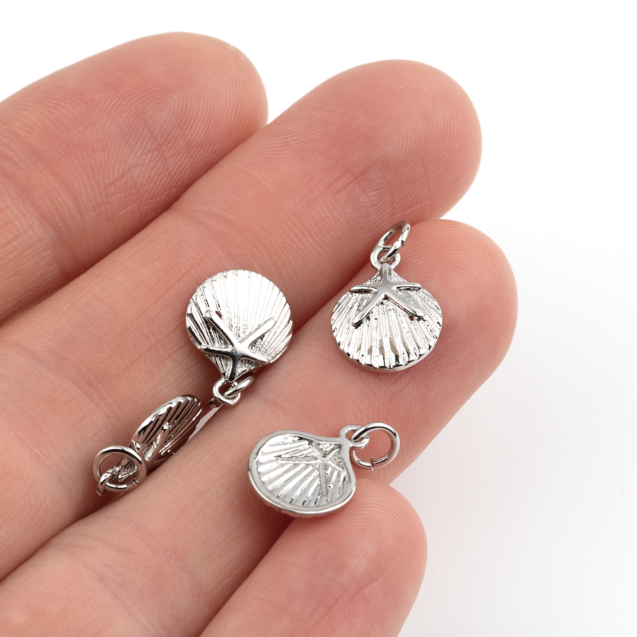 2 x Platinum Plated Brass Scallop Shell Charms, 13.5x10.5mm
