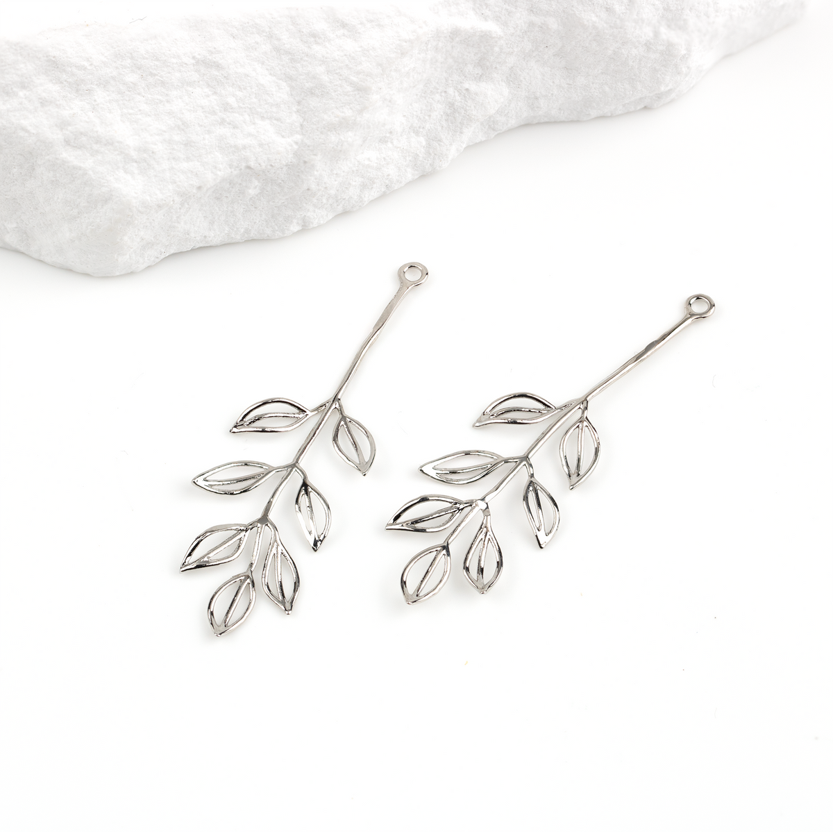 2 x Platinum Plated Leafy Branch Pendants, 43x14mm