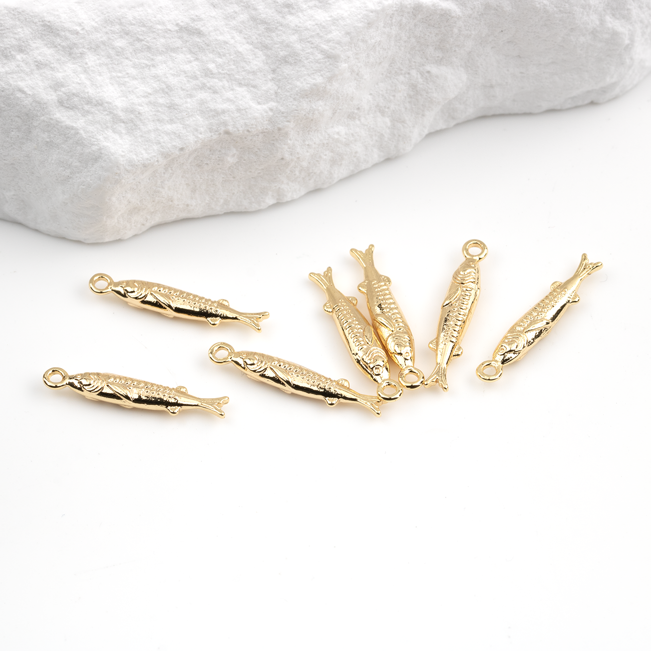 2 x 18K Gold Plated Brass Sardine Charms, 19x3.5mm