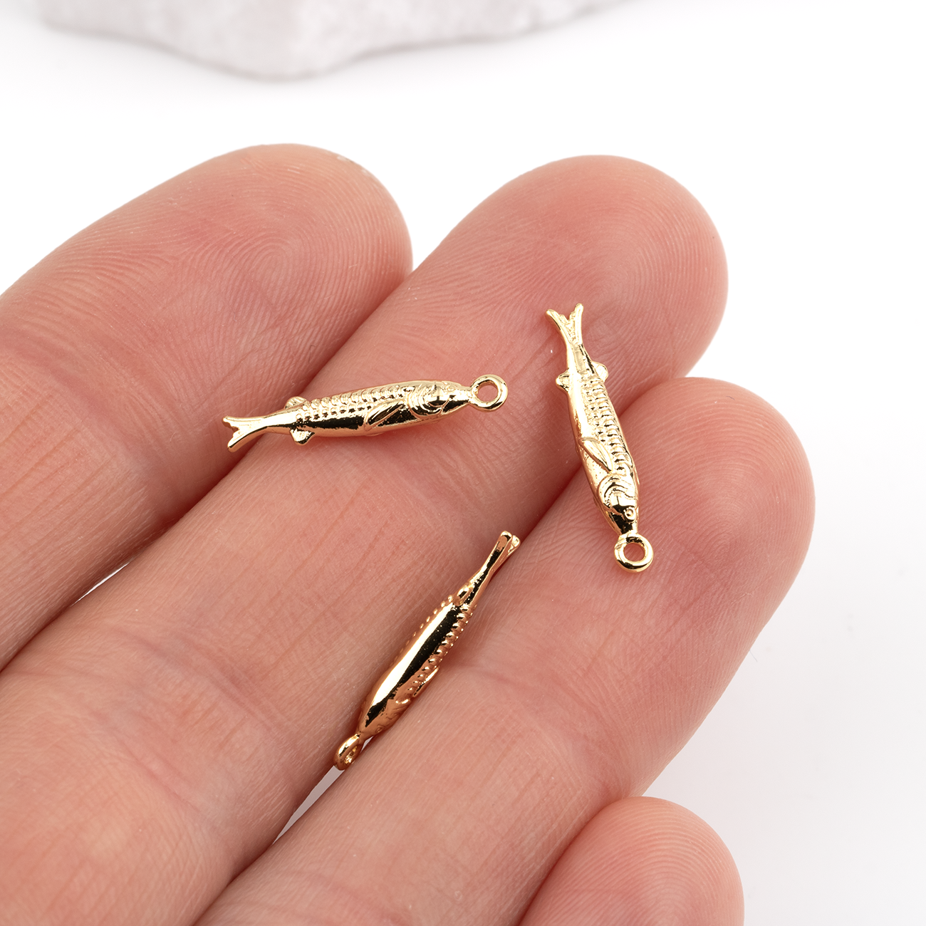 2 x 18K Gold Plated Brass Sardine Charms, 19x3.5mm