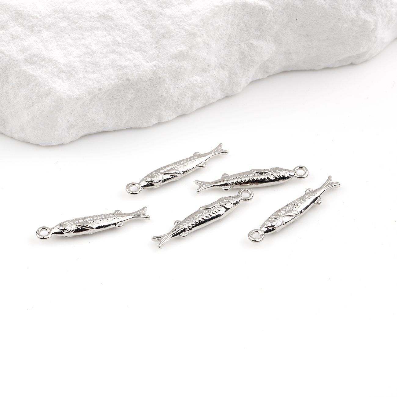 2 x Platinum Plated Brass Sardine Charms, 19x3.5mm