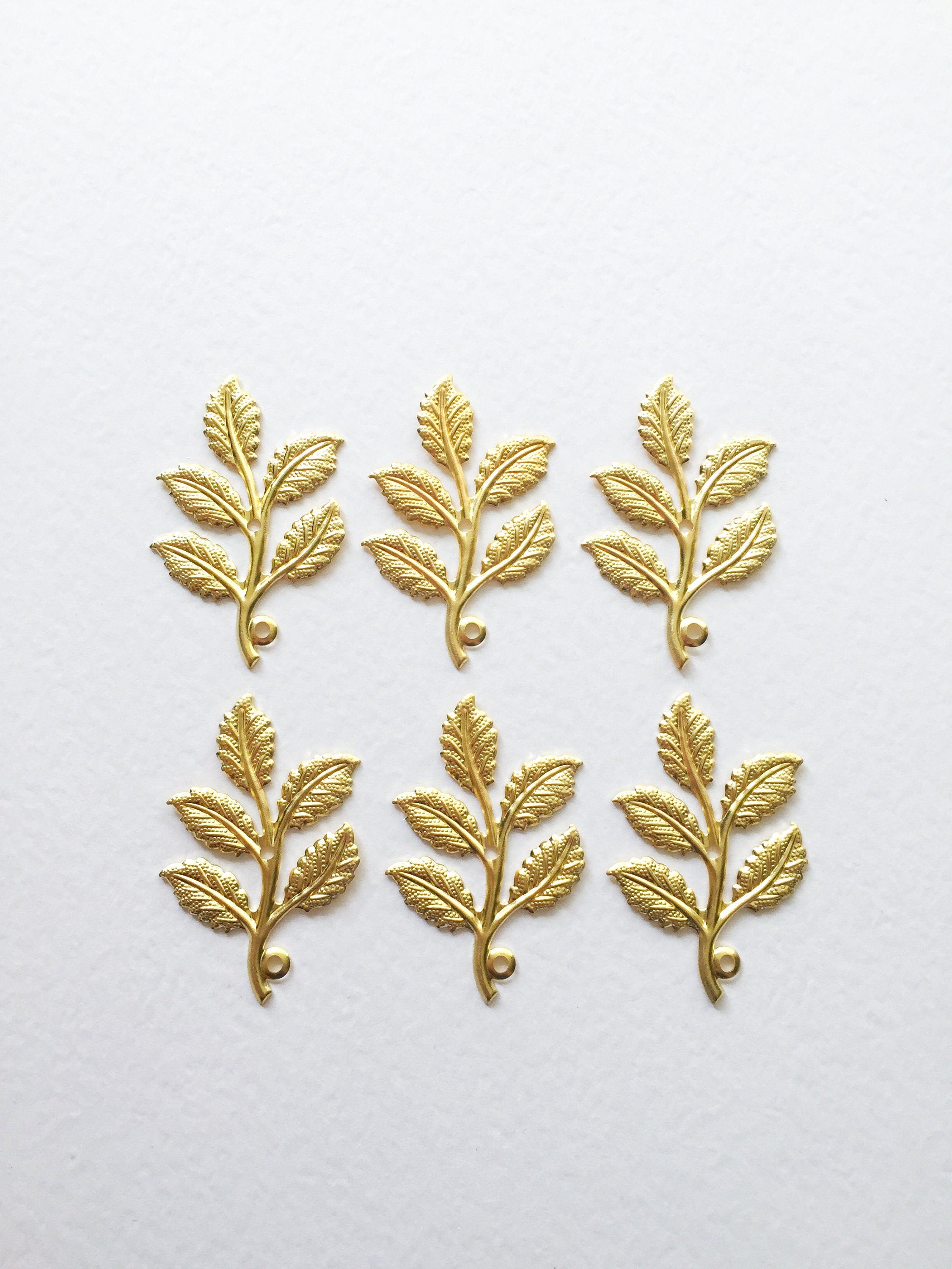 6 x Gold Rose Leaf Branch Pendants, 50x30mm Leaf Stampings