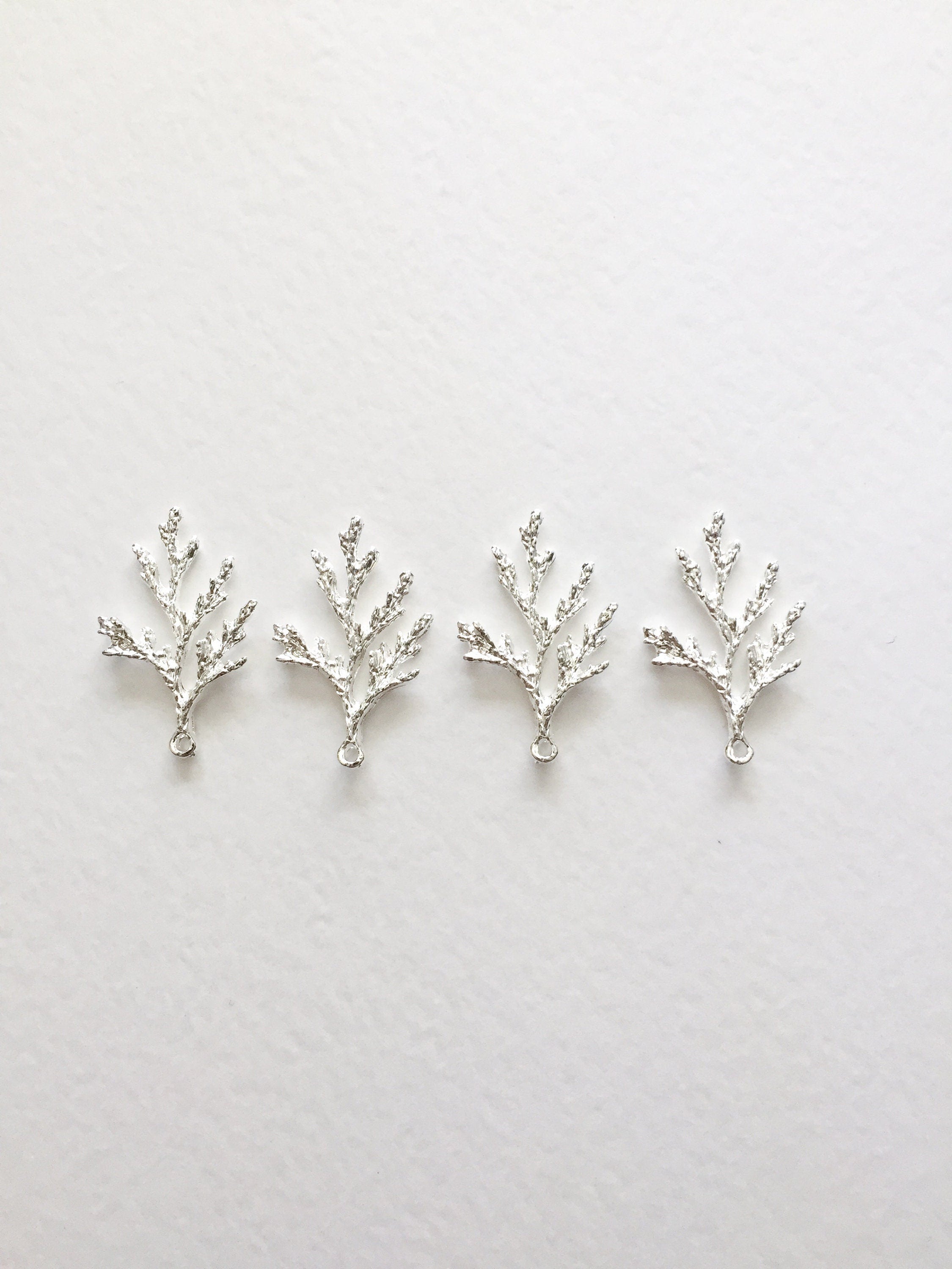 4 x Bright Silver Plated Thuja Branch Charms, 36x28mm