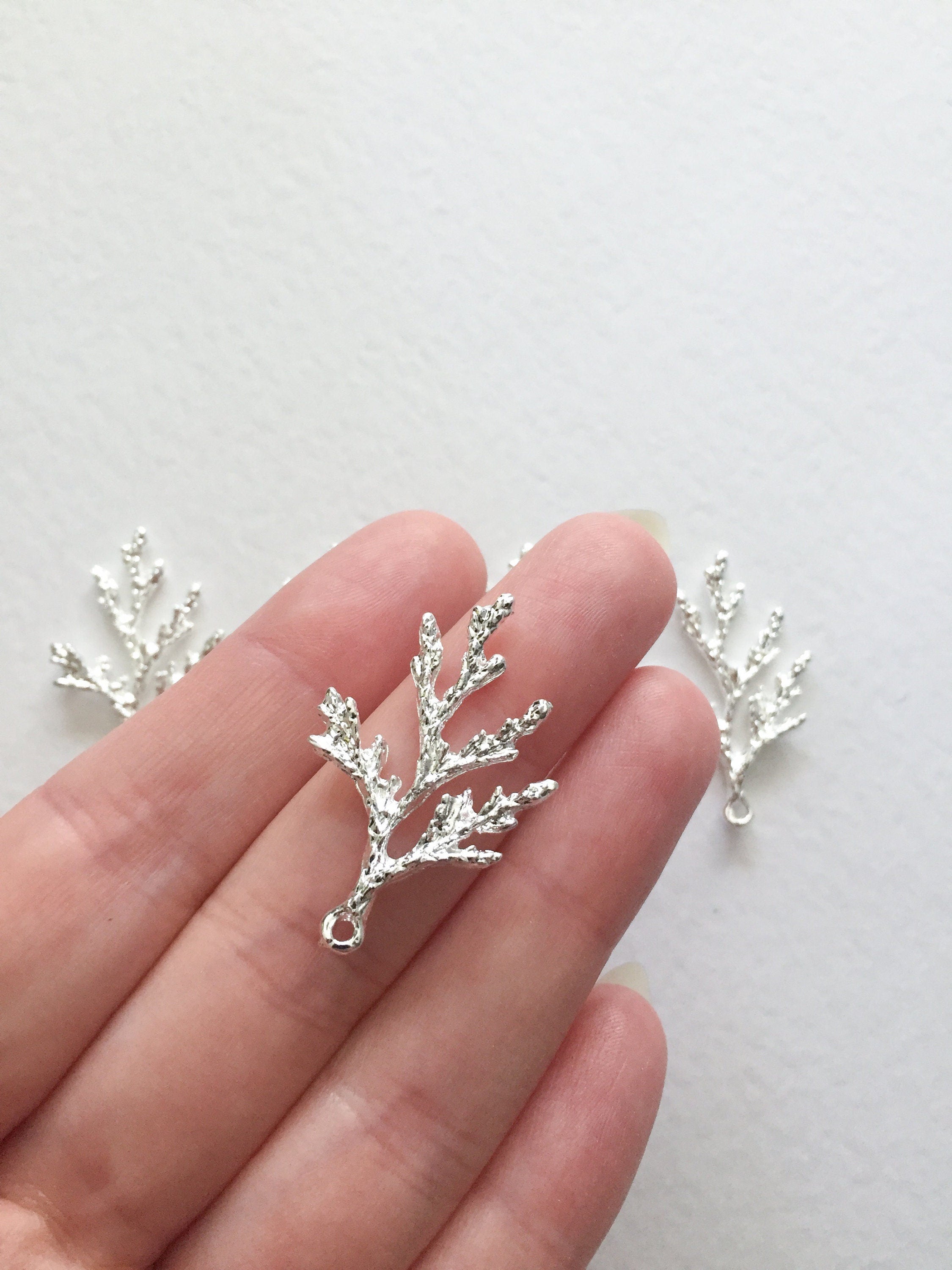 4 x Bright Silver Plated Thuja Branch Charms, 36x28mm