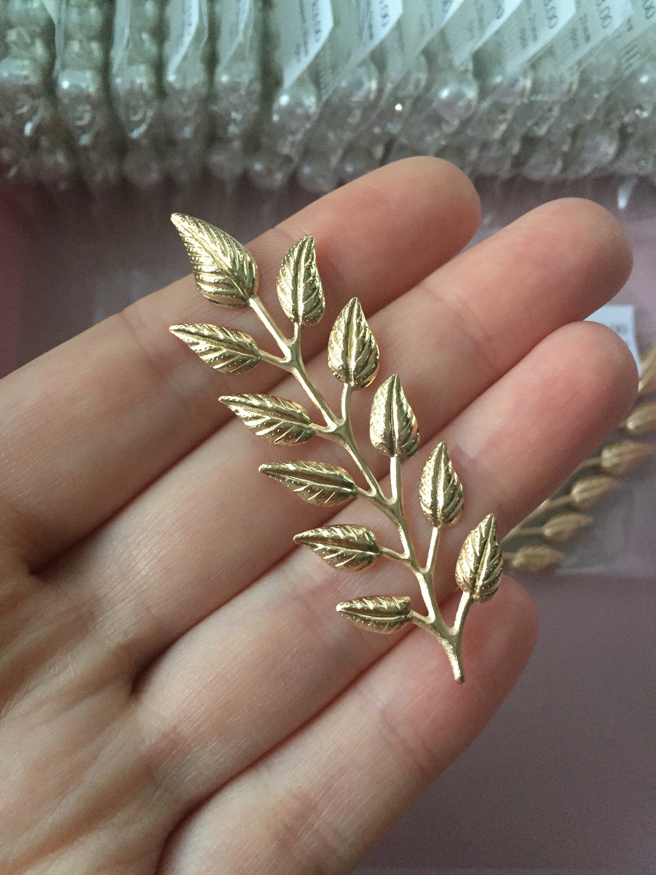 4 x Champagne Gold Laurel Leaf Stamping Leaf Embellishments, 64x21mm
