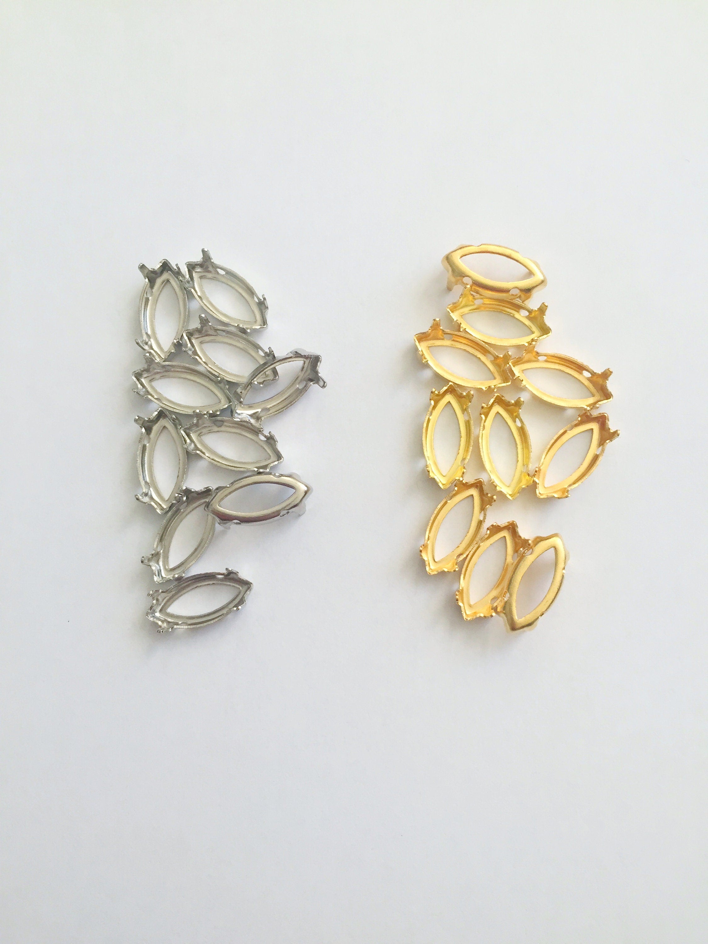 12 x 7x15mm Rhodium or Gold Tone Brass Setting for Navette Crystals