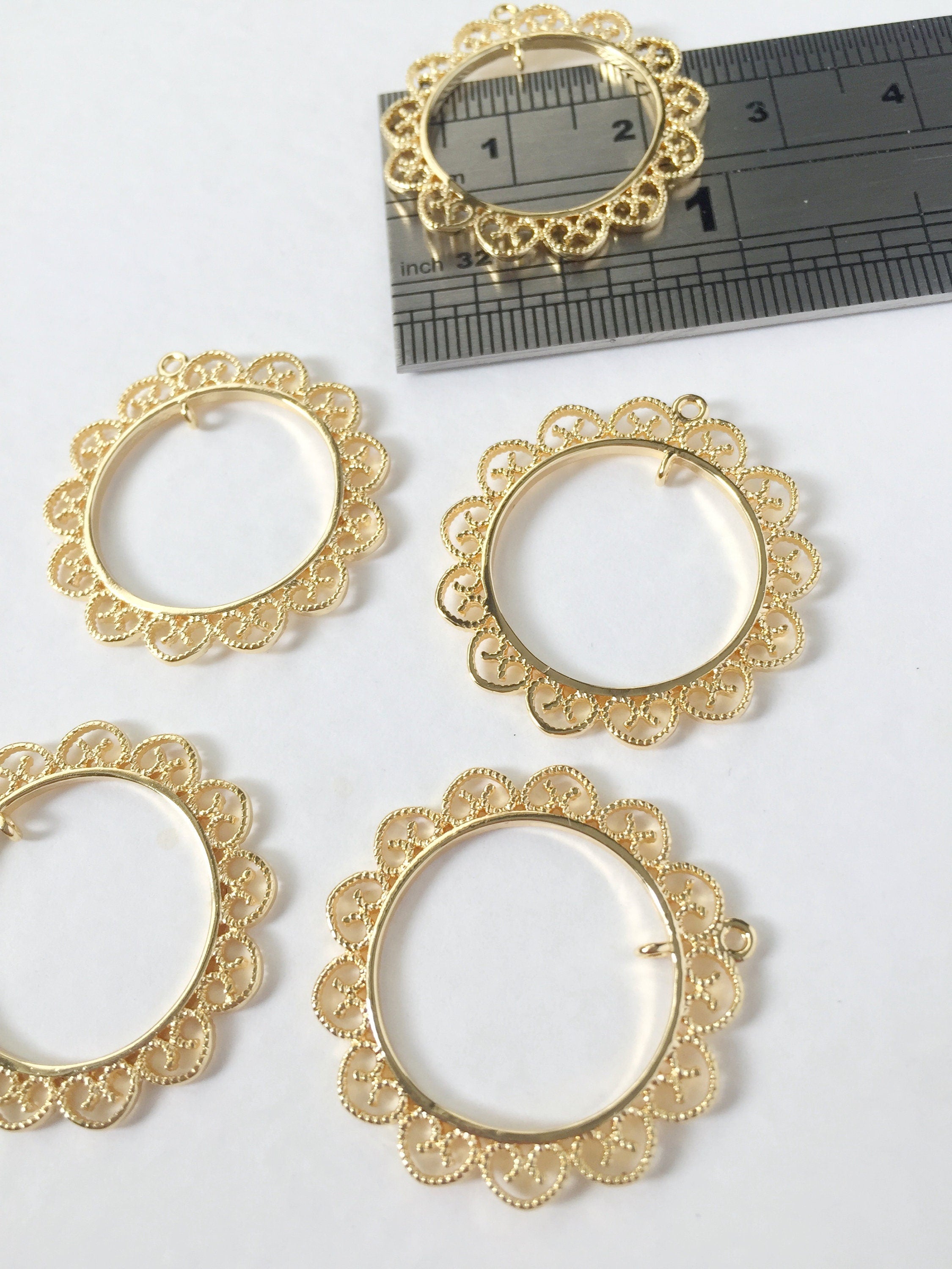 2 x 18K Gold Plated Ornate Hoop Connectors, 26x25mm Lace Edge Round Jewellery Links (0287)