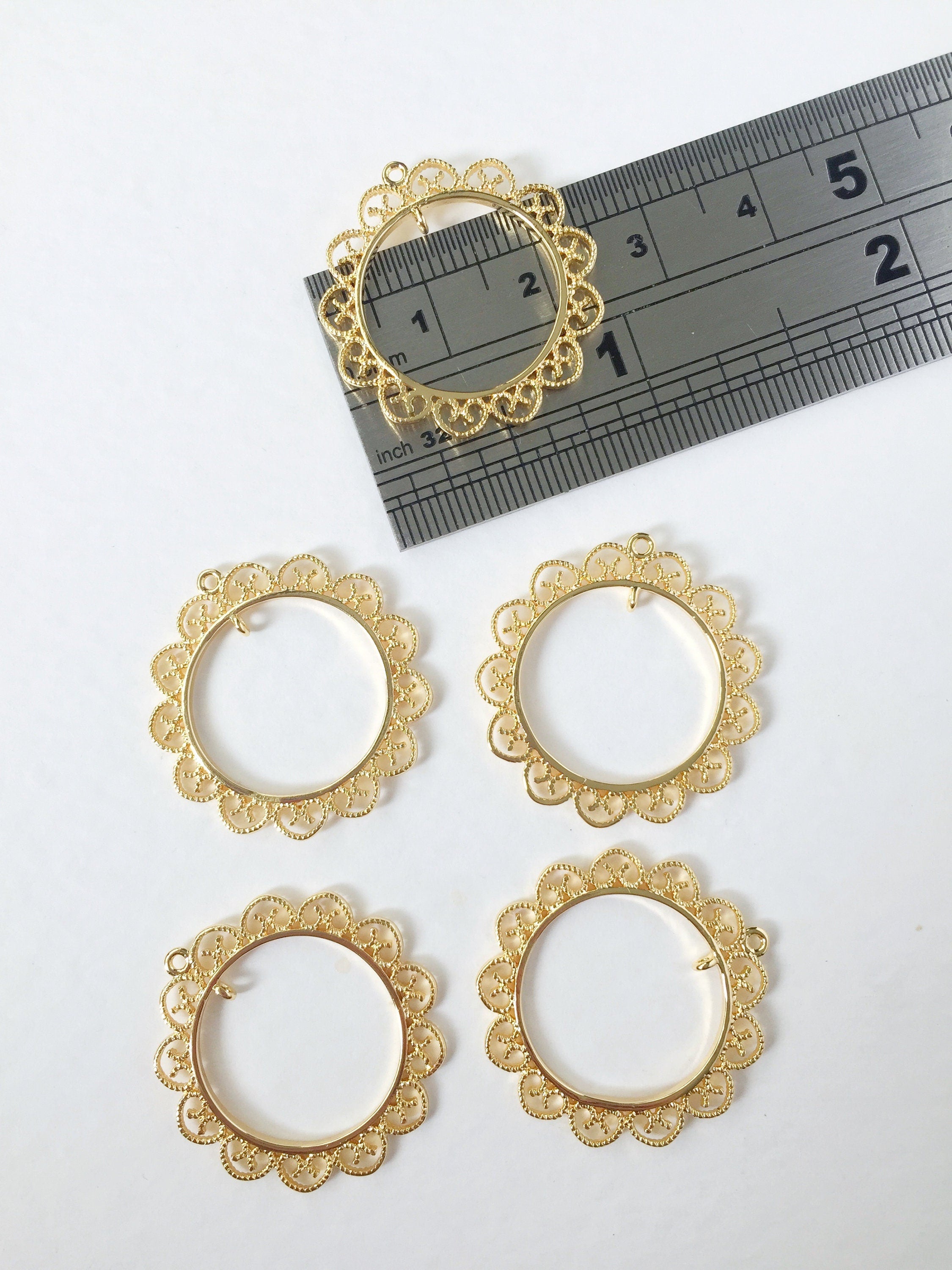 2 x 18K Gold Plated Ornate Hoop Connectors, 26x25mm Lace Edge Round Jewellery Links (0287)