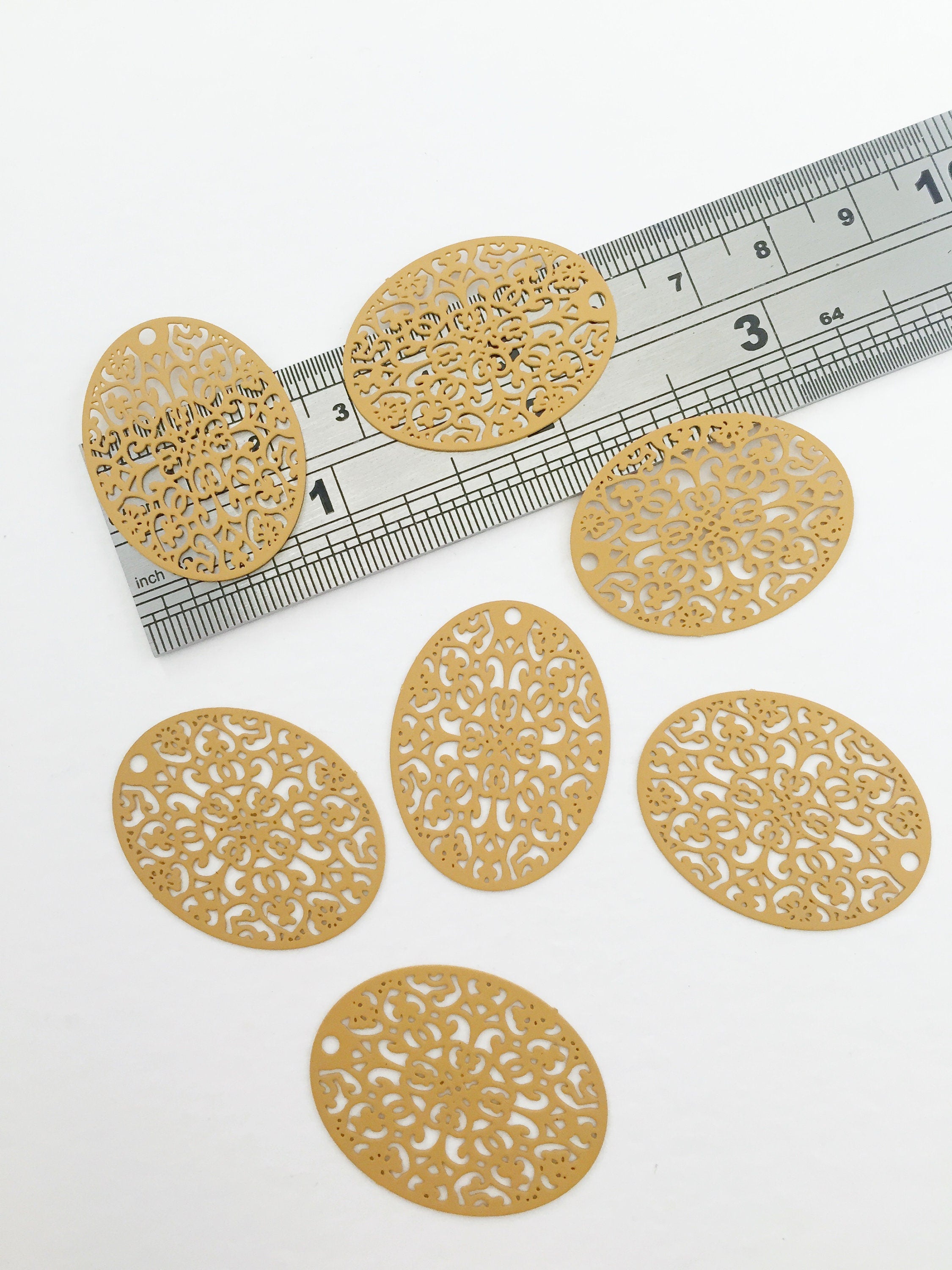 2 x Ochre Spray Painted Oval Filigree Pendants, 30x24mm (0315)