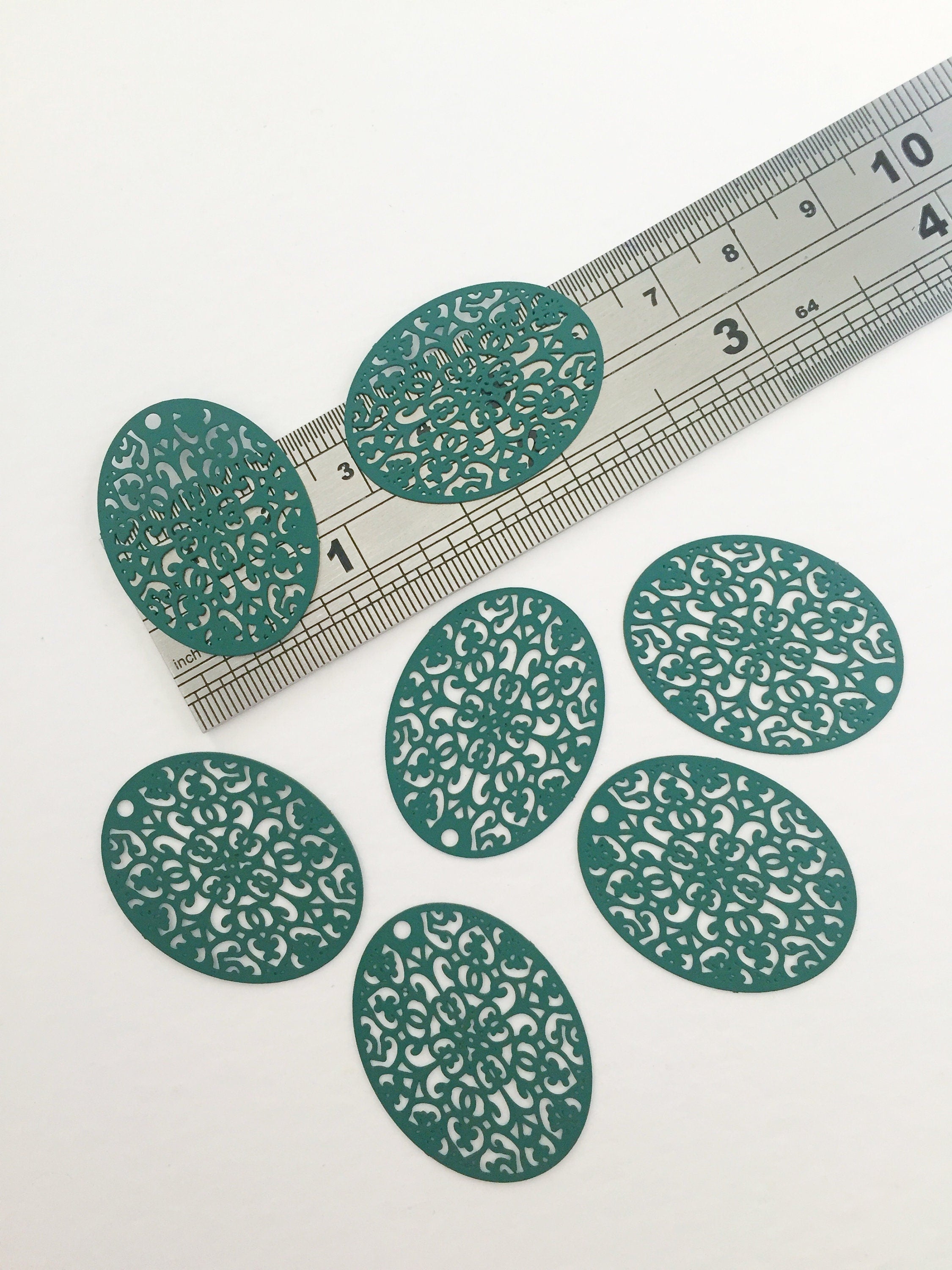 2 x Ornate Teal Spray Painted Brass Filigree Pendants, 30x24mm (0315)