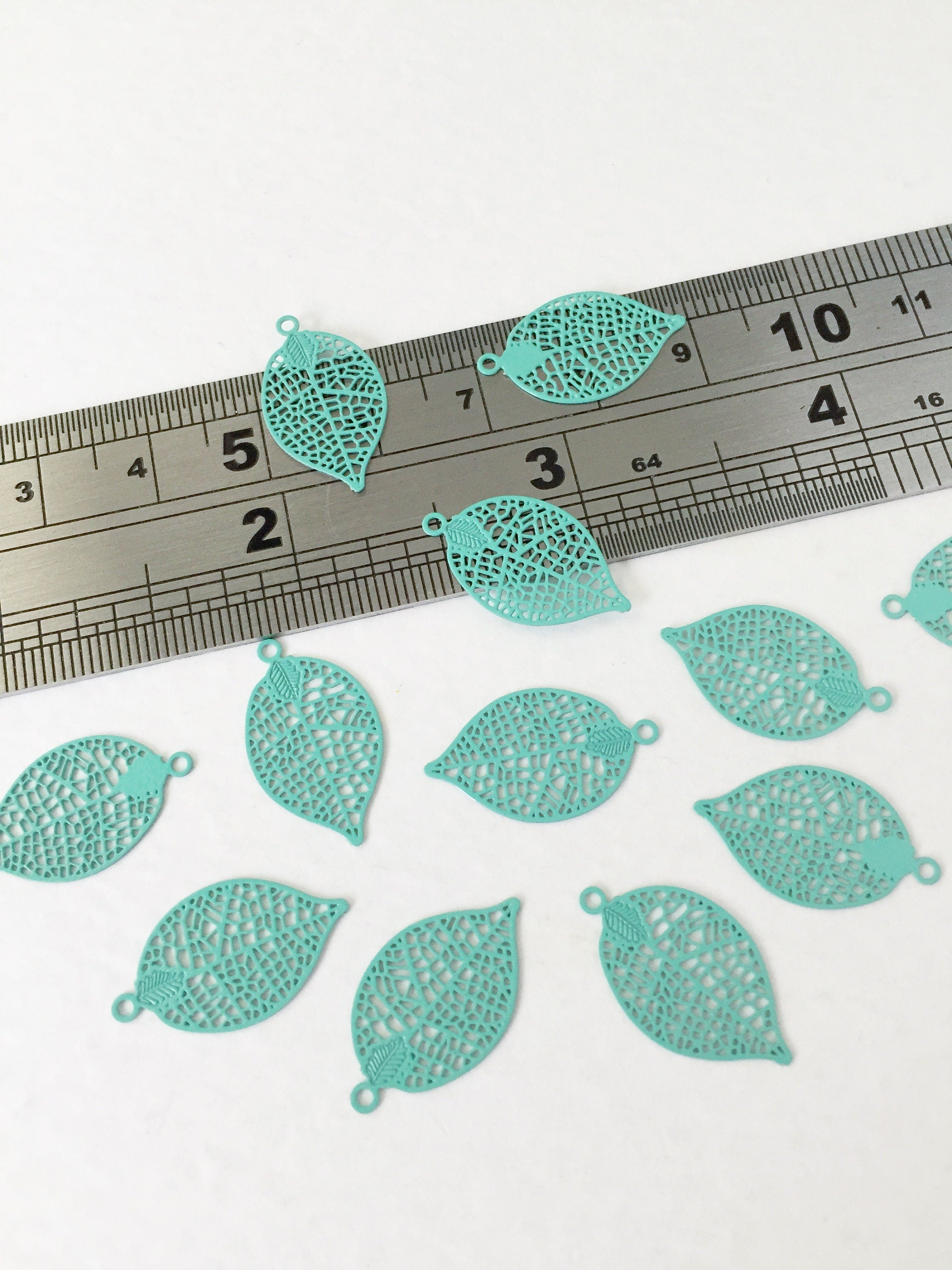 6 x Turquoise Spray Painted Filigree Leaf Pendants, 20x11.5mm