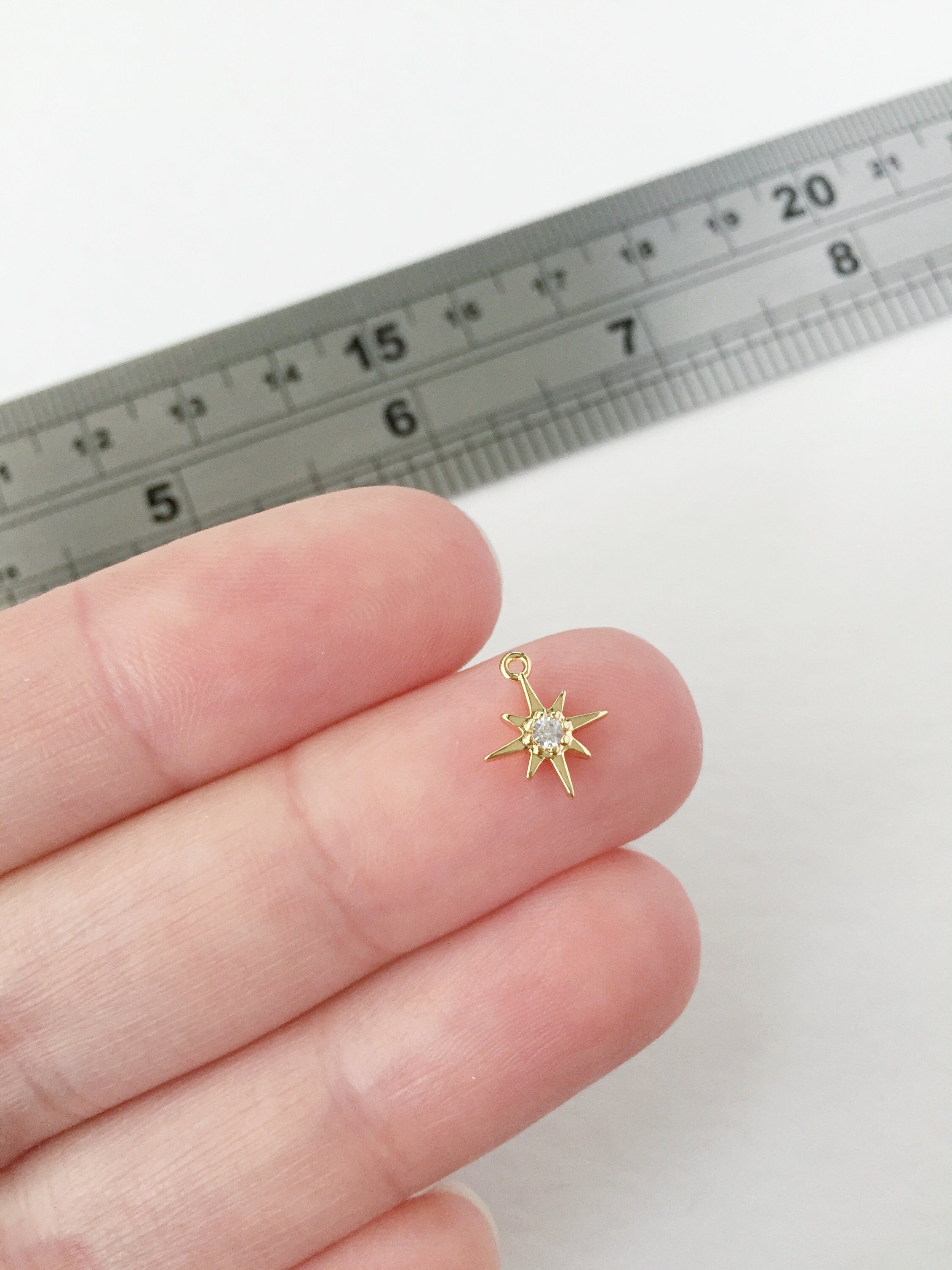 2 x 18K Gold Plated Tiny Star Charms with Cubic Zirconia, 10x9mm (0077)